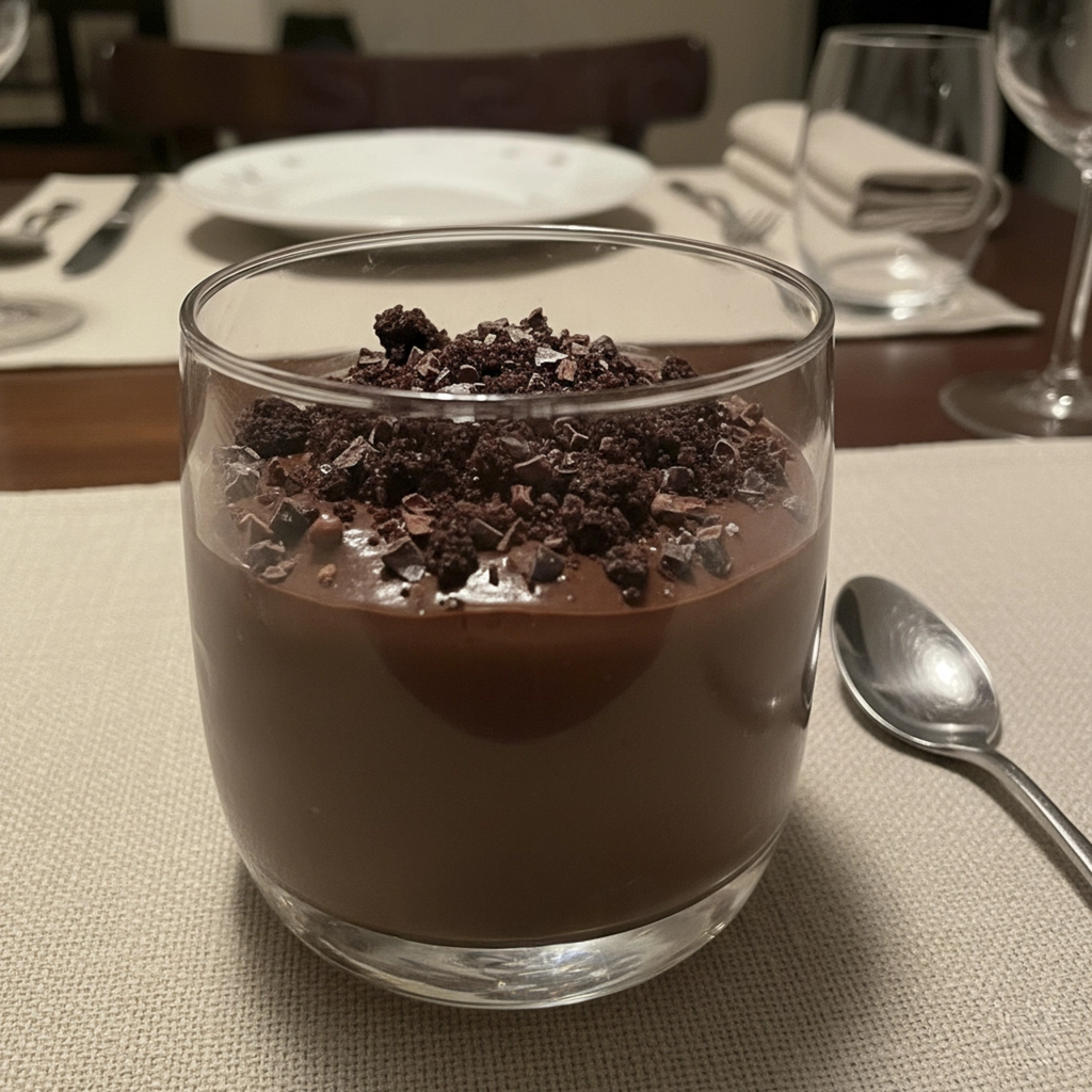Bicchiere di crema di cioccolato con biscotto sbriciolato al cacao