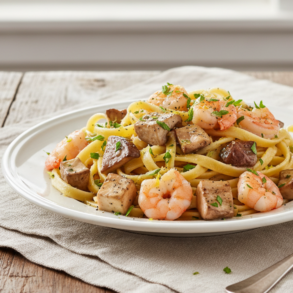 Tagliatelle funghi e gamberetti